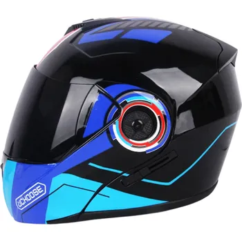 Motocyklové brýle Modrá výklopná motocyklová helma s dvojitým hledím Tmavé vnější hledí Ochranná přilba pro motorkáře z ABS materiálu S (55-56 cm)