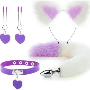 Vibrátor Sada 4v1 čelenka s dvoubarevnýma ušima obojek srdce sponky na bradavky anální kovový kolík s dvoubarevným ocáskem diskrétní balení fialová