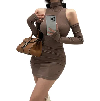 Dámské šaty Minišaty s vysokým límečkem a odhalenými rameny Oddělené dlouhé rukávy Sexy bodycon střih Elegantní večerní šaty Elastický materiál hnědá L