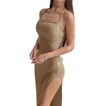 Dámské šaty Dlouhé žebrované bodycon šaty s úzkými ramínky a vázáním na zádech Vysoký rozparek Elegantní střih Šaty nad kotníky Sexy letní outfit béžova S