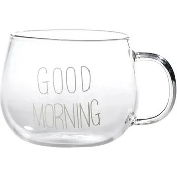 Průhledný skleněný hrnek s nápisem Good morning 350 ml Hrnek s uchem 7 x 8,5 cm Skleněný šálek na kávu, čaj, kakao i snídaňové smoothie bílá