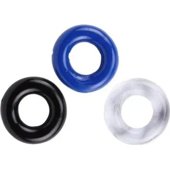 Vibrátor Sada tří silikonových škrtících kroužků jedné velikosti s hladkým povrchem ve třech barvách Diskrétní balení