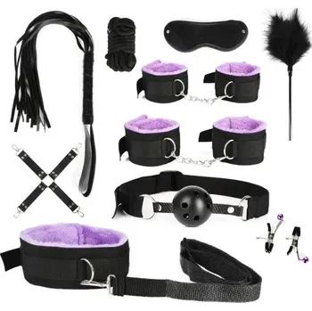 Vibrátor Sada 10 ks erotických BDSM pomůcek pro bondage a vzrušující intimní hrátky včetně pout roubíku důtek a obojku Diskrétní balení fialová