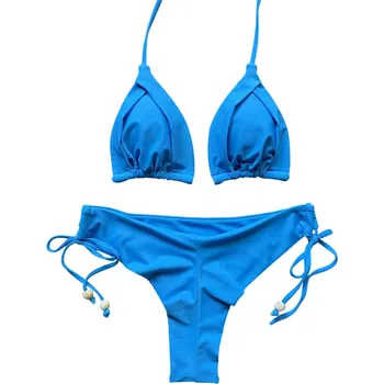 Dámské plavky Dámské bikiny s trojúhelníkovým topem a korálkovým zdobením Nastavitelné plavky se šňůrkami Elegantní dvoudílný plážový komplet modrá M