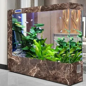 Velké stojací akvárium 120 x 35 x 130 cm Obdélníkové domácí akvárium s mramorovým vzorem LED osvětlení Filtrace Displej Ekologická příčka hnědá