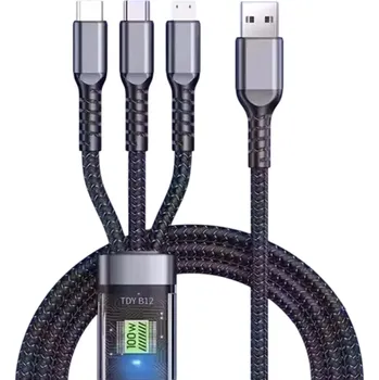 Datový kabel Rychlonabíjecí světelný datový kabel 3v1 1,2 m USB A na USB C + Micro USB + iPhone Lightning 100W 5A opletený kabel mobilního telefonu