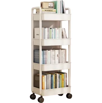 regál Pojízdný čtyřpatrový organizér Regál na kolečkách se 4 košíky Pojízdný vozík na skladování věcí 98,5 x 37 x 25 cm bílá