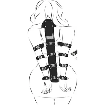 Vibrátor Kožený postroj za záda s uzamykatelným obojkem a 4 páry pout na ruce, nastavitelný systém pro celkové připoutání, diskrétní balení černá