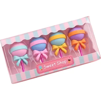 Pryž Dětská sada gum na tužky ve tvaru lízátka 4 ks Barevná lízátka na gumování pro děti Sada gumovacích potřeb v krabici Mazací guma lízátko Pryž na gumování v sadě 4 kusů 4,5 x 2 cm