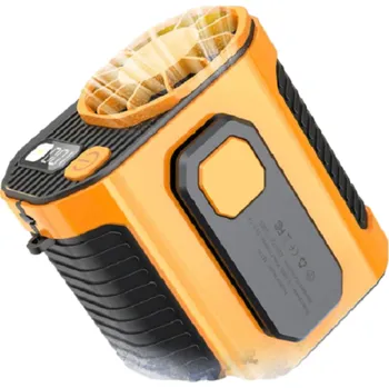 Malý přenosný ventilátor s LED svítilnou 5000 mAh USB-C Venkovní závěsný větrák na krk nebo pas Lehká kompaktní powerbanka s větrákem 9,2 x 9,8 x 6,8 cm oranžová