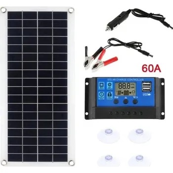 Solární panel 12V s 60A řadičem a ovladačem 43x12 cm Solární nabíječka pro telefon auto RV MP3 PAD Venkovní záložní napájení baterie