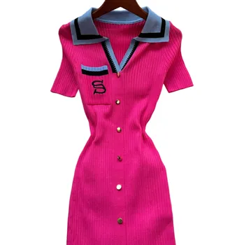 Dámské šaty Dlouhé pletené šaty s výšivkou a knoflíky Elegantní šaty s límečkem V výstřihem a krátkým rukávem pro každodenní i společenské nošení růžová