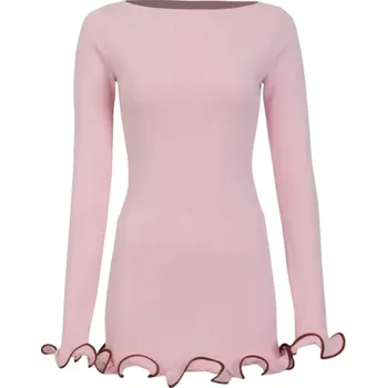 Dámské šaty Elegantní minišaty s dlouhým rukávem Vlnitý lem na rukávech a spodním okraji Jednoduchý střih Přiléhavý styl Stretch materiál růžová M