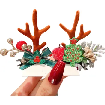 2 ks Dětské sponky do vlasů Sobí parohy Vánoční stromek Zelená mašle Stříbrná šiška a větvička Roztomilé zimní vlasové doplňky
