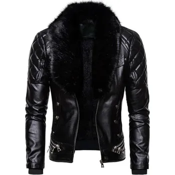 Pánská větrovka Pánská kožená bunda s umělou kožešinou černá L