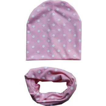 Šála Dětský set čepice a nákrčník s puntíky světle růžová