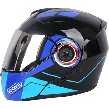 Motocyklové brýle Modrá výklopná motocyklová helma s dvojitým hledím Sluneční clona Stříbrné vnější plexi Helma z ABS Výklopná přilba pro motorkáře L (59-60 cm)