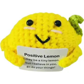 Háčkovaný citrón s úsměvem Pro pozitivní energii Dekorativní hračka Ručně vyrobený dárek Veselý ovocný motiv Povzbuzující nápis
