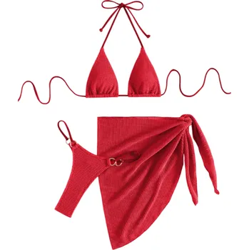 Dámské plavky Dámská sada bikin se strukturou a zavazovacím topem Trojúhelníkový střih, kalhotky s kovovým detailem a pareo sukně na pláž červená L