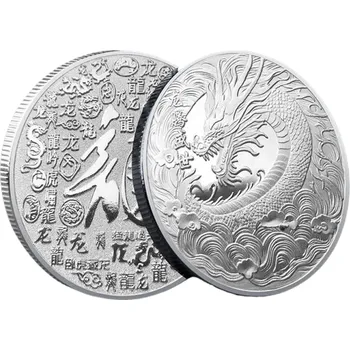 Sběratelství Čínská kovová mince s motivem draka Sběratelská mince pro štěstí s čínským drakem Pozlacená mince s mýtickým drakem a čínskými znaky Postříbřená mince v tradičním čínském stylu 4 cm stříbrná