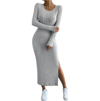 Dámské šaty Dlouhé žebrované dámské úpletové šaty s rozparkem Přiléhavý střih s dlouhými rukávy Elegantní pohodlné šaty s kulatým výstřihem šedá XS