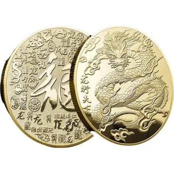 Čínská kovová mince s dračím motivem Sběratelská čínská mince pro štěstí Pozlacená mince s mýtickým drakem Postříbřená mince s čínskými znaky 4 cm zlatá