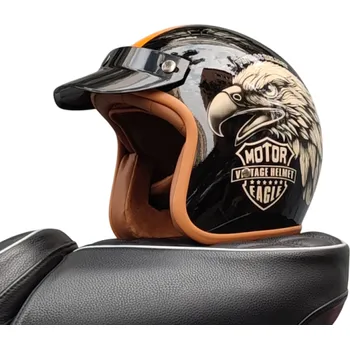 Motocyklové brýle Retro motocyklová přilba černá s orlem Stylová helma pro motorkáře Odolný ABS materiál Lehké provedení Větrací otvory Bezpečnostní výbava XXL (61-62 cm)