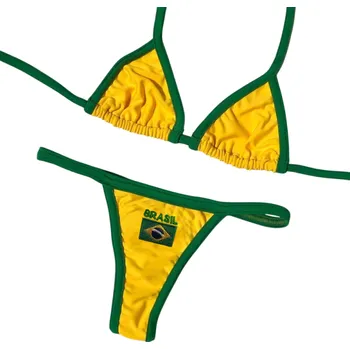 Dámské plavky Bikiny Brasil s trojúhelníkovým topem a výšivkou vlajky Sexy dámské plavky s kontrastním lemem Ideální outfit na pláž a festival žlutá L