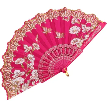 Karnevalový doplněk Tradiční čínský vějíř 42,5 x 23 cm Dekorativní vějíř z plastu a látky Elegantní doplněk Orientální styl Domácí výzdoba Sběratelský kousek růžová