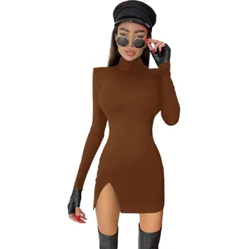 Dámské šaty Minišaty s dlouhým rukávem Vysoký límeček Malý rozparek Špičatá ramena Přiléhavý sexy střih Dámské šaty na večer Párty a klubová móda hnědá M