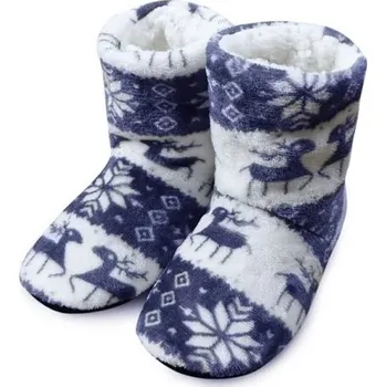Dívčí bačkory Vysoké dámské hřejivé bačkory s bílým kožíškem Domácí pantofle s vánočním motivem sobů a vloček Měkké zimní boty na doma modrá 36-38