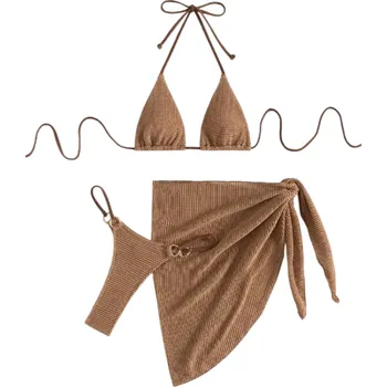 Dámské plavky Dámská sada bikin se strukturou a zavazovacím topem Trojúhelníkový střih, kalhotky s kovovým detailem a pareo sukně na pláž hnědá S