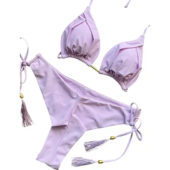 Dámské plavky Dámské bikiny s trojúhelníkovým topem a korálkovým zdobením Nastavitelné plavky se šňůrkami Elegantní dvoudílný plážový komplet fialová L