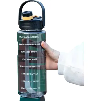 Láhev Velkokapacitní sportovní láhev na vodu 2 l s brčkem Ukazatel času Motivační fitness láhev BPA free Láhev na pití s rukojetí a popruhem černá