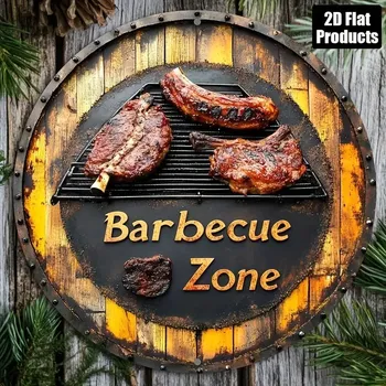 Plechová cedule BAF Kulatá kovová cedule Barbecue zone. Průměr 20 cm