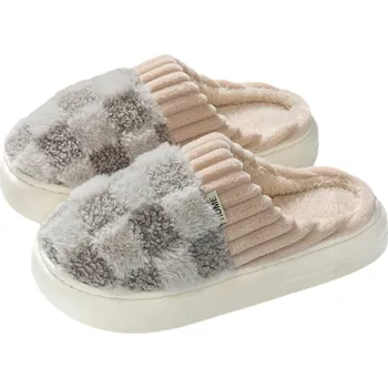 Pánské pantofle Pánské teplé kostkované bačkory s měkkou podrážkou Chlupaté protiskluzové domácí pantofle Zimní pohodlné přezůvky Hebké hřejivé obutí šedá 44-45