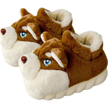 Pánská obuv Plyšové pantofle ve tvaru psa husky s podšívkou Teplé zimní domácí pantofle Roztomilé psí papuče Protiskluzová podrážka Měkká obuv hnědá 36-37