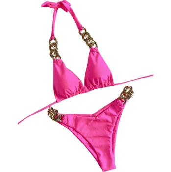 Dámské plavky Luxusní dámské bikiny s kovovým řetízkem na ramínkách a bocích Trojúhelníkový top a plavky s elegantním leskem na léto růžová M