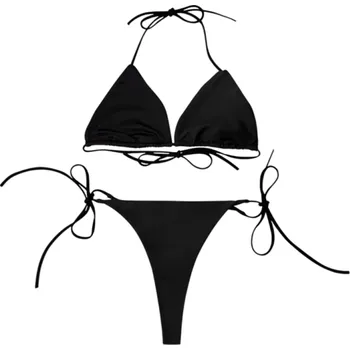 Dámské plavky Černé dámské mini bikiny s trojúhelníkovými košíčky a tenkými šňůrkami Zavazování za krkem i na bocích M