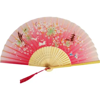Karnevalový doplněk Čínský dámský bambusový skládací vějíř 21 cm Tradiční dekorativní vějíř s květinami motýly a zajíčky Ručně malovaný doplněk růžová