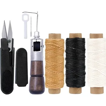 Sada na opravu a šití kůže Ruční sešívačka Nůžky na přízi Voskované nitě Přírodní bílá černá Šňůry 50 m Kožené výrobky
