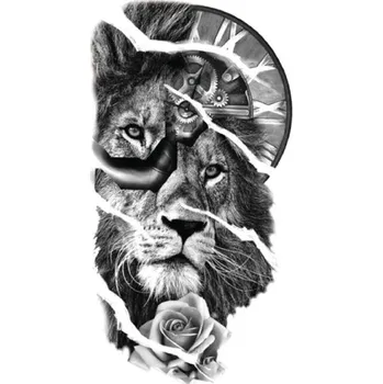 Odstranitelné tetování Vodotěsné dočasné tetování 21 x 11,4 cm Lev s lvicí, růže a římské hodiny Zvířecí motiv Snadná aplikace Odolné tetování Symbol síly a času