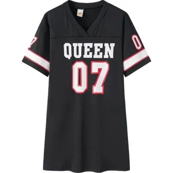 Dámské šaty Tričkové minišaty ve stylu sportovního dresu QUEEN 07 Krátké rukávy Výstřih do V Ležérní sportovní šaty Streetwear pro volný čas černá XL