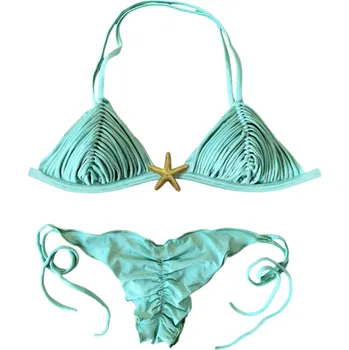 Dámské plavky Dámské dvoudílné bikiny s třásněmi a hvězdicí Trojúhelníkový top se zavazováním a tanga kalhotky na šňůrky Plavky na léto tyrkysová M