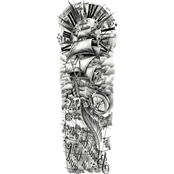 Odstranitelné tetování Dočasné vodotěsné tetování rukáv 48 x 17 cm Loď Kompas Mapa Moderní drsný styl Realistický motiv Výdrž až 15 dní Snadná aplikace