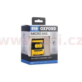 Zabezpečení motocyklu zámek kotoučové brzdy Micro XA5, OXFORD (integrovaný alarm, žlutý/černý, průměr čepu 5,5 mm) LK213