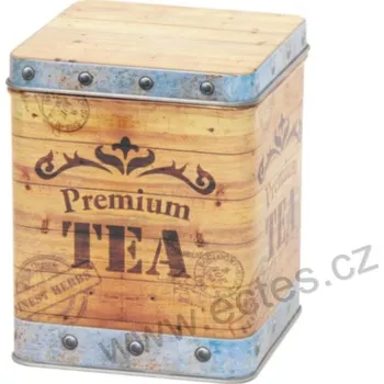 Dóza na potraviny TEA CHEST plechová dóza na čaj 7418 hnědá dřevěná truhla čaje s nápisem Premium TEA