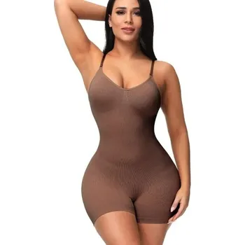 Body Bezešvé elastické body na ramínka Dámské tvarovací tílko Stahovací body se střihem na stehna Zeštíhlující bezešvé spodní prádlo hnědá L