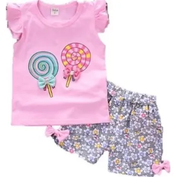 Dívčí set - Tričko s lízátky a kraťasy s květinami J2493 světle růžová 4