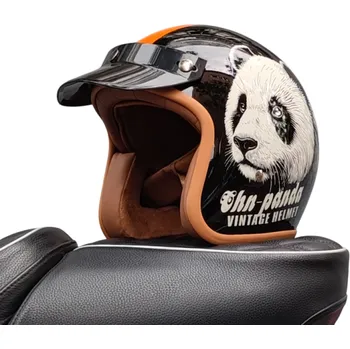 Motocyklové brýle Retro černá přilba na motocykl s motivem pandy Otevřená moto helma z ABS materiálu Stylová motocyklová výbava Módní design pro jízdu L (57-58 cm)